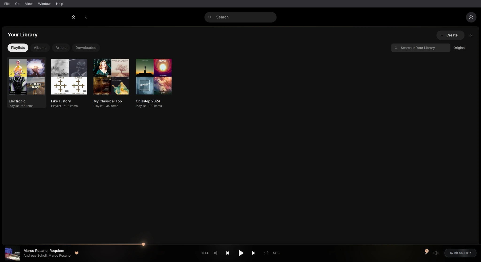 Playlists in the expanded Cacao Player library.